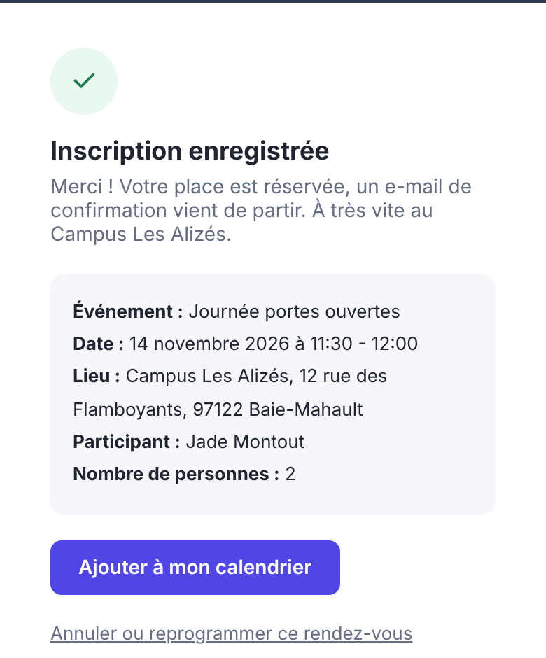Écran de confirmation d'une inscription, avec le lien pour annuler ou reprogrammer le rendez-vous
