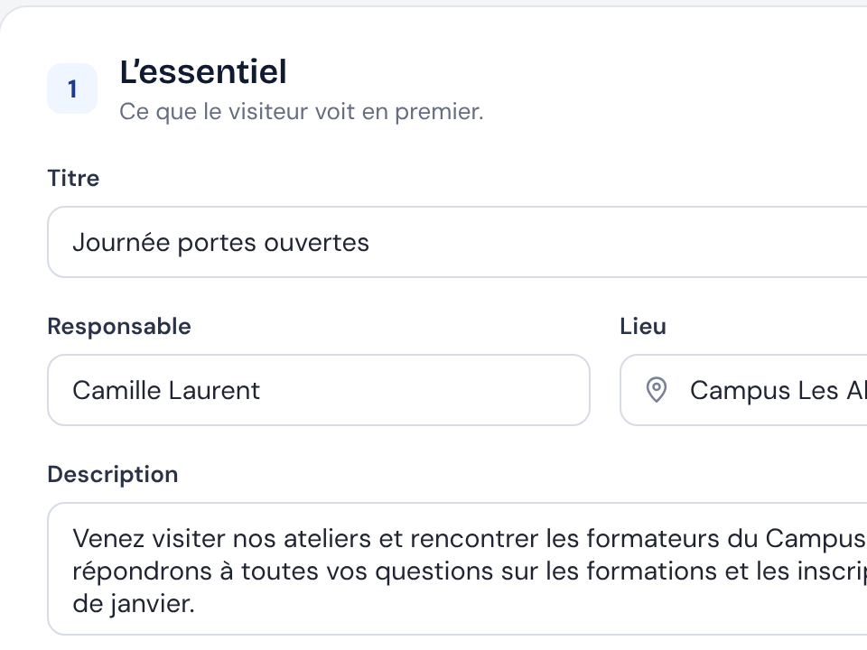 Écran de création d'une page dans Résa : titre, responsable, lieu et description de l'évènement