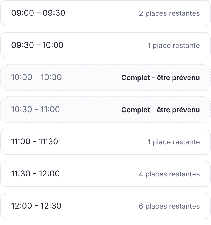 Liste des créneaux d'une journée portes ouvertes : places restantes, et créneaux complets proposant d'être prévenu