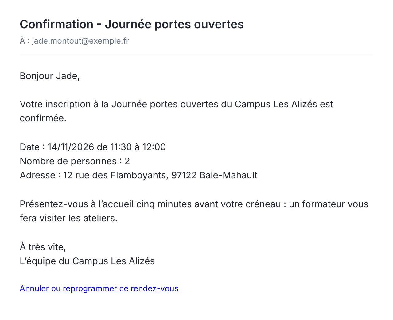 E-mail de confirmation reçu par une participante : date, nombre de personnes, adresse et lien pour annuler ou reprogrammer