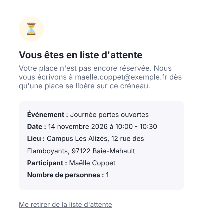 Écran affiché après une inscription en liste d'attente : la personne sera prévenue par e-mail dès qu'une place se libère
