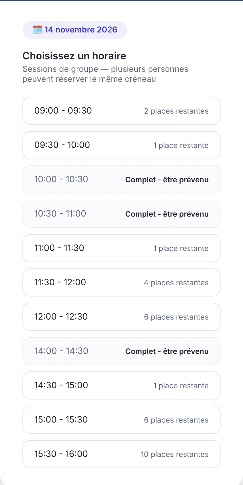 Page de réservation Résa sur téléphone : liste des créneaux du 14 novembre avec les places restantes